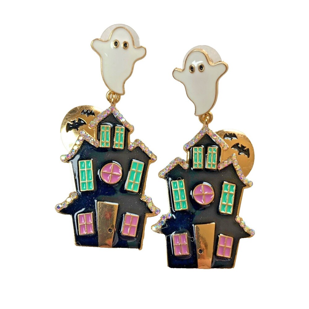 Halloween Ghost Haunted House Enamel Rhinestone Dangle Earrings Costume Jewelry